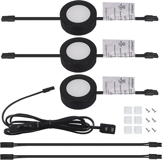 LUMILAND Wired LED Puck Lights 120V (2.7Wx3) Plug-in Lighting Warm White, LED Cabinet Light for Kitchen Can Be Surface Mount or Recess Mount, Black