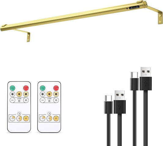 Battery Operated Wireless Picture Light，Rechargeable/Plugged in 31.5inch Painting Display Light,Remote Control Wall Lights with Three Modes and Timing for Art Frame (Gold)