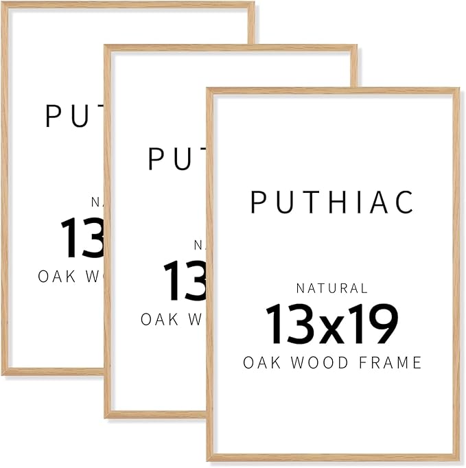 puthiac 13x19 Solid Oak Wood Picture Frame, Fits 11x17 with Mat or 13x19 Without Mat, Wall Display Only, Vertical or Horizontal, Plexi Front, 3 Pack, Natural Oak
