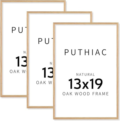 puthiac 13x19 Solid Oak Wood Picture Frame, Fits 11x17 with Mat or 13x19 Without Mat, Wall Display Only, Vertical or Horizontal, Plexi Front, 3 Pack, Natural Oak
