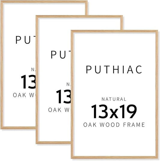 puthiac 13x19 Solid Oak Wood Picture Frame, Fits 11x17 with Mat or 13x19 Without Mat, Wall Display Only, Vertical or Horizontal, Plexi Front, 3 Pack, Natural Oak