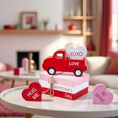 AKEROCK Valentines Day Decorations, Valentines Day Decor - Wooden Valentine Sign & Red Truck & 3 Heart Decor for Table, Tiered Tray, Office Desk, Mantel, Valentine Decorations for Home
