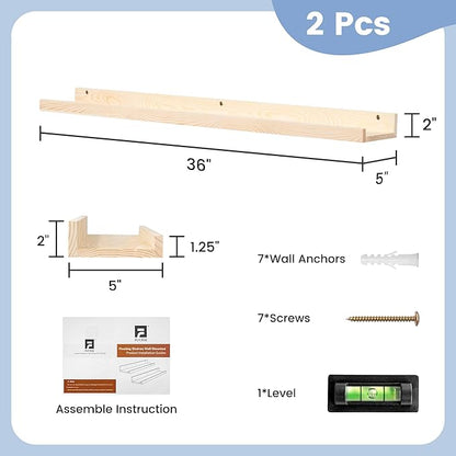 Picture Ledge Shelf for Wall, 36 inch Solid Ash Wood Nursery Book Shelves 2 Packs, Floating Shelves for Kids' Room Bedroom Bathroom Living Room Photo Frames Office Nursey Wall Decor, Natural