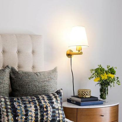 Gold Plug in Wall Sconces Set of Two, Brass Wall Sconce Lights for Bedroom Plug in, Wall Lamp with On/Off Switch Cord, Bedside Plugged Wall Mounted Light with Fabric Linen, Wall Decor for Living Room