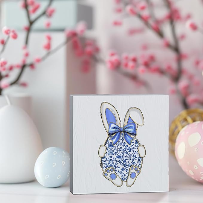 Funny Easter Decorations Easter Table Decor Egg Bunny Decor Blue And White Chinoiserie Decor Wooden Box Sign for Home Office Bedroom Living Room Desk Shelves