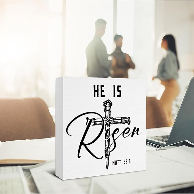 Easter Decor - Religious Gifts for Women Men - He Is Risen Matt 28:6 Wooden Sign Home Office Living Room Bedroom Kitchen Bathroom Desk Table Shelf Decor - 5 x 5 Inches