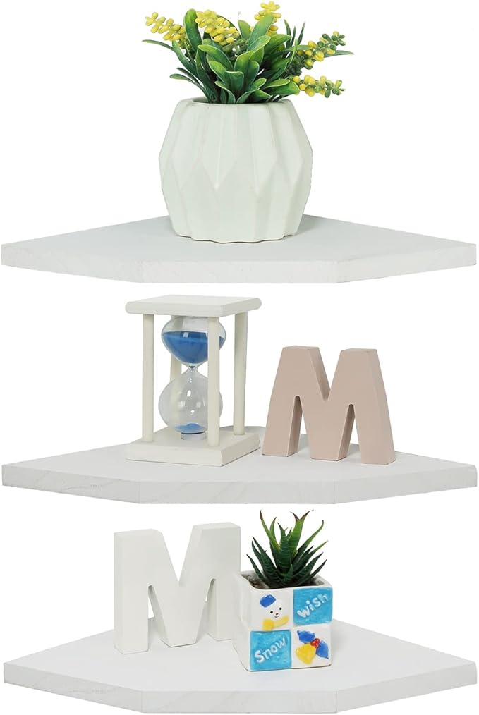 Joiishom Corner Wall Shelf Set of 3, Floating Corner Shelves, Rustic Wood Wall Storage Display Shelves for Living Room Bedroom Bathroom Kitchen (Fanshaped-White)