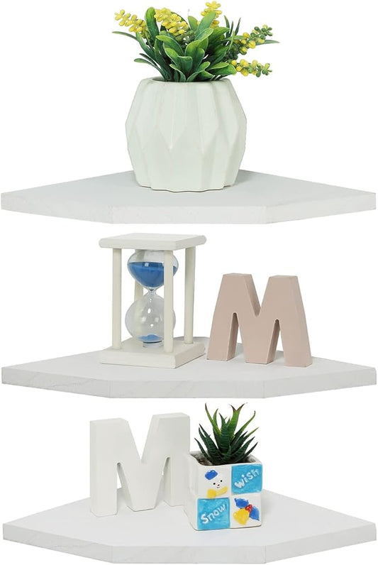 Joiishom Corner Wall Shelf Set of 3, Floating Corner Shelves, Rustic Wood Wall Storage Display Shelves for Living Room Bedroom Bathroom Kitchen (Fanshaped-White)