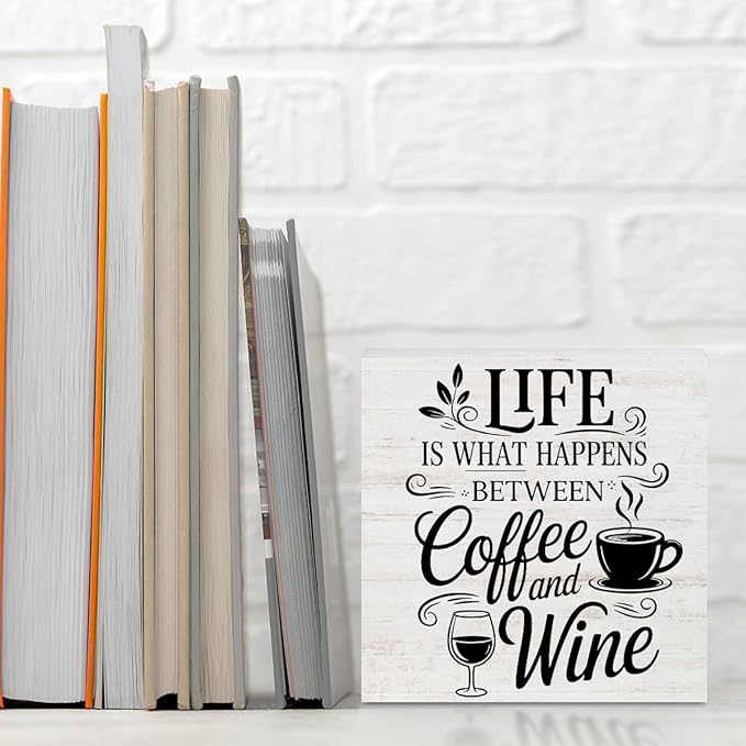 Rustic Coffee Wine Wood Box Sign, Life is What happens Between Coffee and Wine Wood Plaque, Woods Table Decorative Signs for Home Kitchen Wine Bar Tabletop Shelf, Christmas Birthday Gifts for Women
