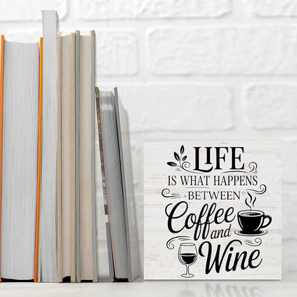 Rustic Coffee Wine Wood Box Sign, Life is What happens Between Coffee and Wine Wood Plaque, Woods Table Decorative Signs for Home Kitchen Wine Bar Tabletop Shelf, Christmas Birthday Gifts for Women