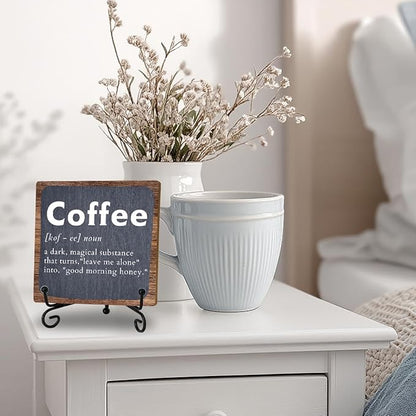 Coffee Bar Decor Accessories, Wooden Sign With Iron Stand For Farmhouse Home Kitchen Table, Coffee Sign for Farmhouse Home Cafe Kitchen Office Bar Shelf Table, Gifts for women Family Friend Coworker