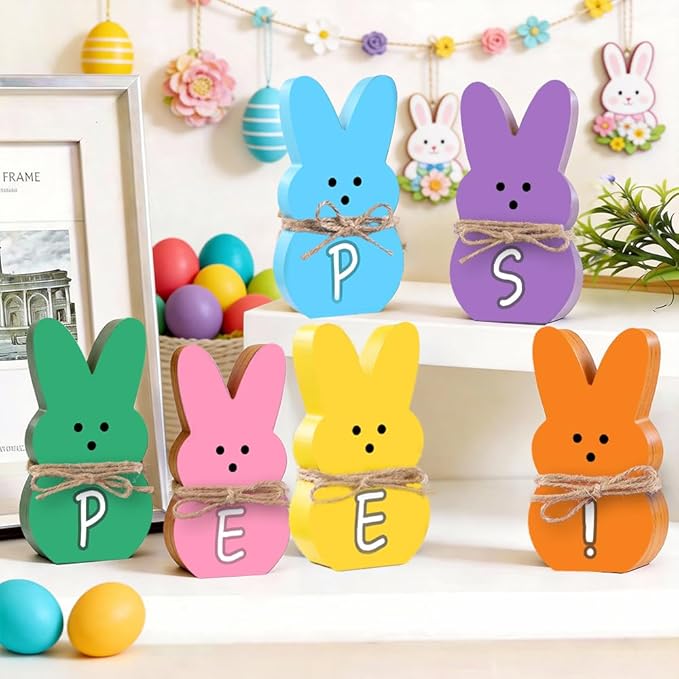 DIYDEC Easter Decorations for Home 6 Pcs Easter Bunny Table Decor Wooden Rabbit Table Signs with Jute Rope Freestanding Rabbit Decoration for Tiered Tray Mantel Shelf Office Easter Party Supplies
