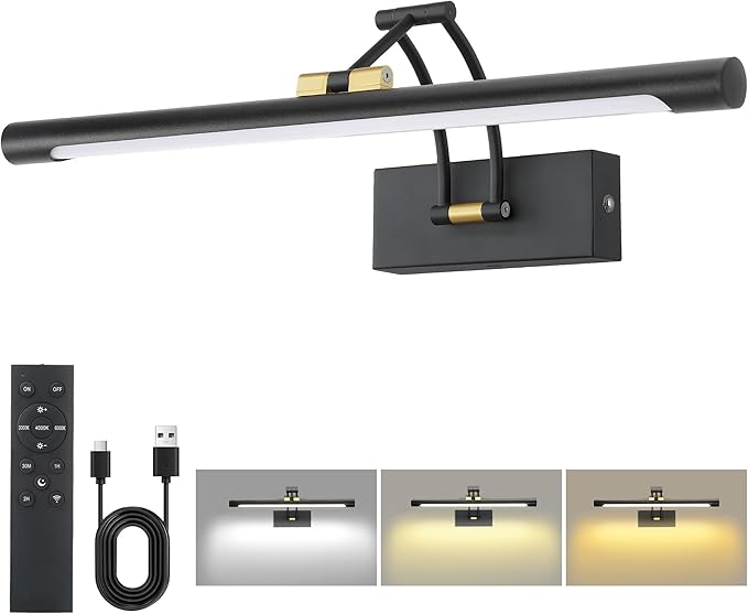 16“ Picture Lights for Wall, 8000mAh Rechargeable Wireless Picture Light with Remote, Dimmable 3 Colors LED Art Lighting for Paintings Frame Poster Dartboard Gallery Light, Black Gold