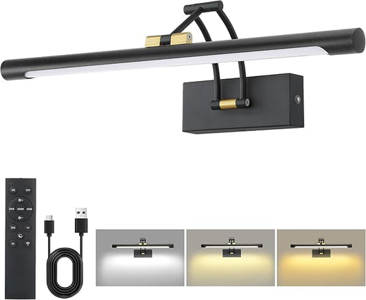 16“ Picture Lights for Wall, 8000mAh Rechargeable Wireless Picture Light with Remote, Dimmable 3 Colors LED Art Lighting for Paintings Frame Poster Dartboard Gallery Light, Black Gold