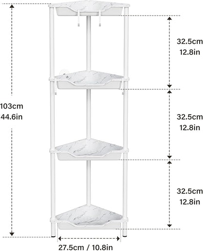 Orimade Rustproof 4 Tier Floor Standing Corner Shower Caddy Organizer, Plastic Metal Splicing Floor Corner Shelf Rack Storage Stands for Bathroom, Marble