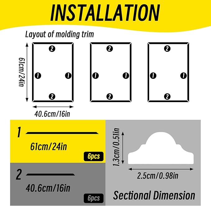 3 Frames 16x24 inches Pre-Cut Wall Moulding Wainscoting Panels, Ready-to-Assemble Decorative Wall Molding & Trim, Premade Picture Frame Molding and Accent Wall Decor