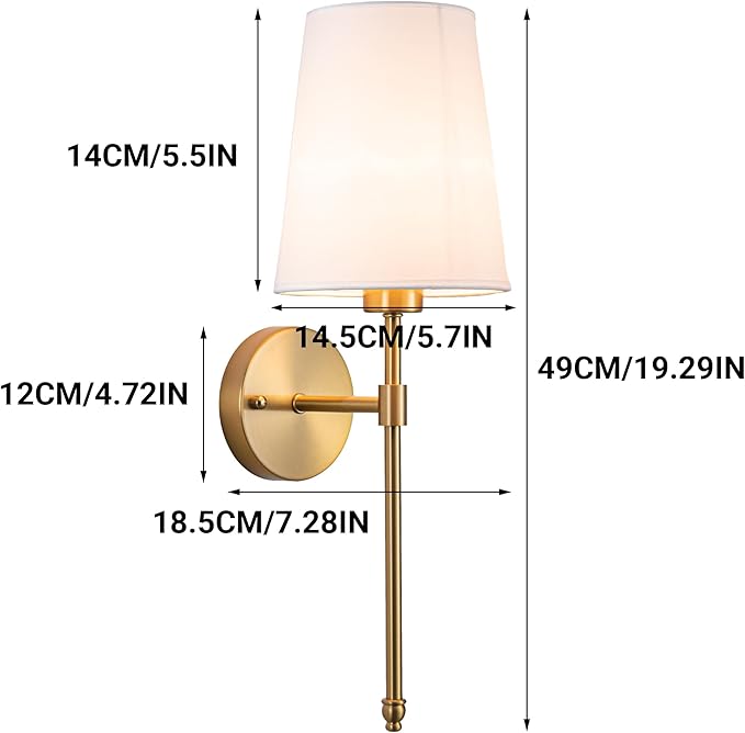 Rechargeable Battery Operated Wall Sconce Set of 2, Indoor Not Hardwired Dimmable Wall Lamps for Bedroom Living Room(Brass-White lampshade-20 inch)