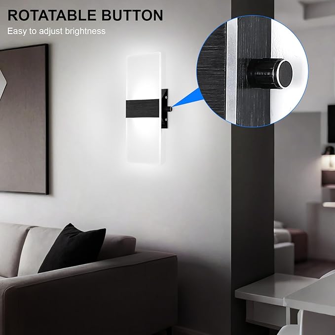 Lightess Modern Wall Sconce with Switch, Indoor Wall Light Dimmable, 12W Black Acrylic Wall Mounted Light Fixtures for Hallway Stairway Bedroom, Cool White, 1 Pack