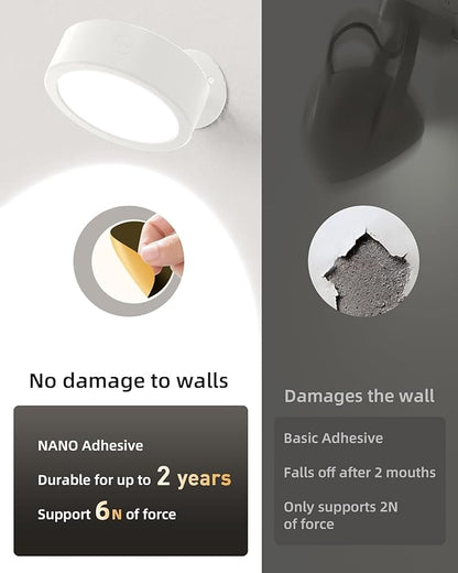 EZVALO LED Wall Mounted Light, 3000mAh Rechargeable Cordless Wall Sconce, Dimmable with Remote & Touch Control, 3 Color Temps, 360° Rotatable for Bedroom, Bedside, Reading(White, 3Pack)