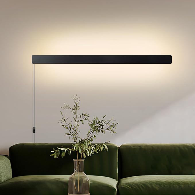 Modern Plug in Wall Lights, 31.4 inch Frosted Black LED Long Wall Sconce, 16W Warm White 3000K Acrylic Indoor Wall lamp,with 59