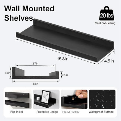 Black Floating Shelves for Wall Decor, Wall Mounted Wood Storage Shelf for Bedroom, Living Room, Bathroom, Kitchen, Nursery, Display Picture Ledge Shelf with Lip Set of 2-16 Inches, Black