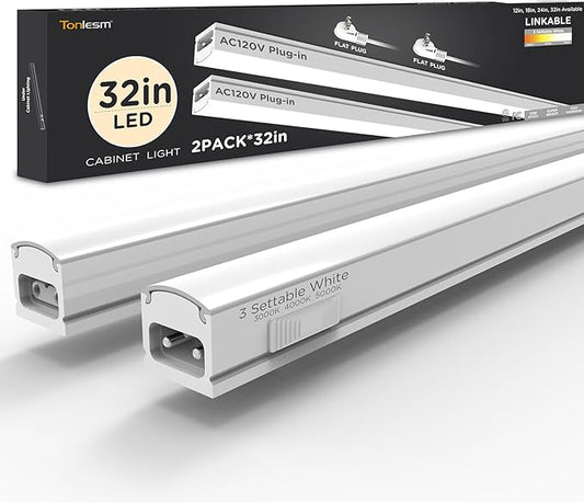 Under Cabinet Lighting Plug in 32in 2Pack AC120V 3CCT 3000/4000/5000K, Super Bright,Linkable Under Counter Lights for Kitchen, Ultra Slim LED Cabinet Light,ETL White