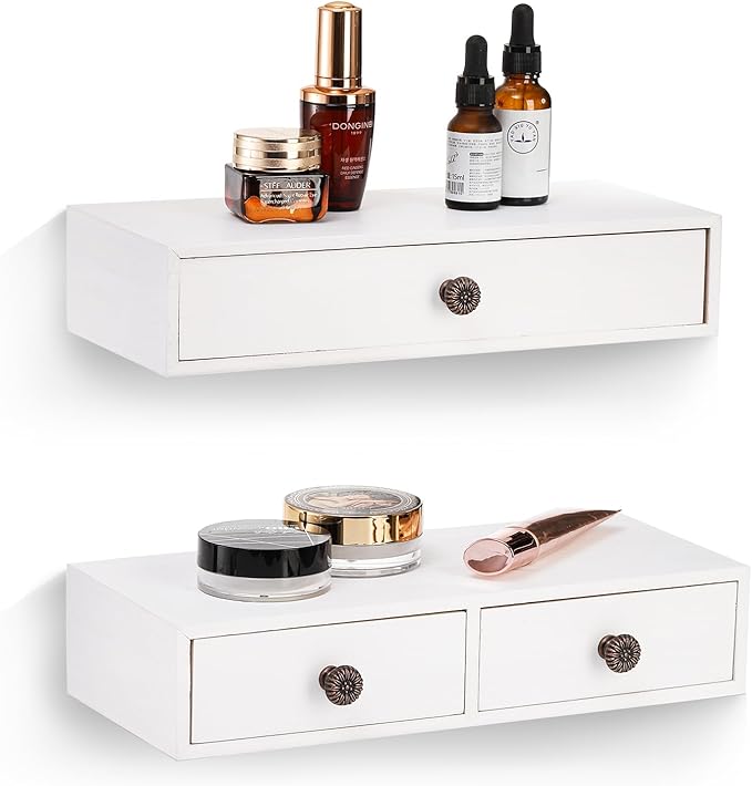 Yesland 2 Packs Floating Nightstand with Drawer - Rustic Wood Floating Wall Mounted Drawers Floating Shelf with Drawer for Living Room, Bedroom, Kitchen, Wall Decor, Storage, Display - White