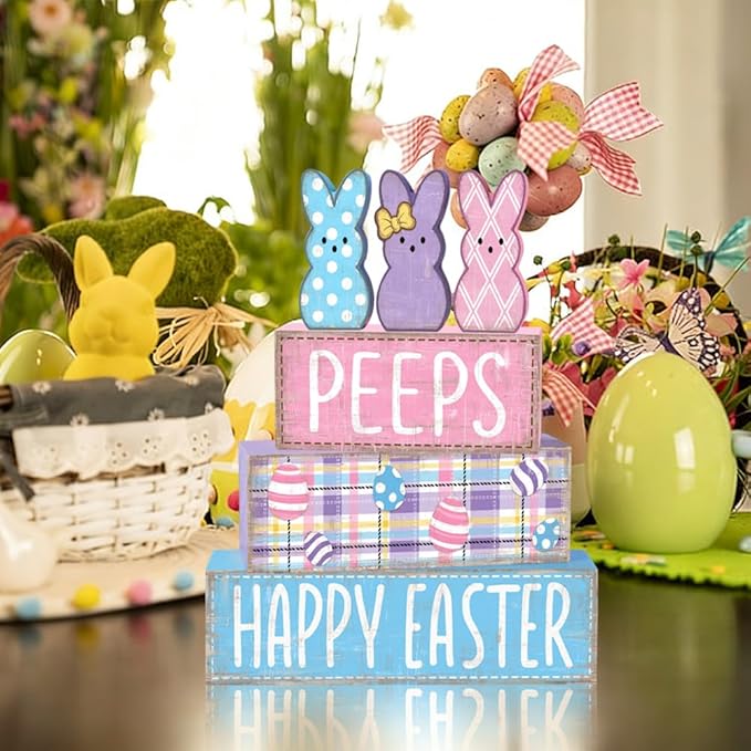 DIYDEC 6Pcs Easter Tabletop Decorations Colorful Bunny Wooden Block Signs Gift Rustic Tiered Tray Decor Happy Easter Centerpiece Farmhouse Wood Rabbit Table Sign for Kitchen Home Office Party Decor