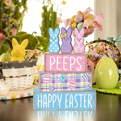 DIYDEC 6Pcs Easter Tabletop Decorations Colorful Bunny Wooden Block Signs Gift Rustic Tiered Tray Decor Happy Easter Centerpiece Farmhouse Wood Rabbit Table Sign for Kitchen Home Office Party Decor