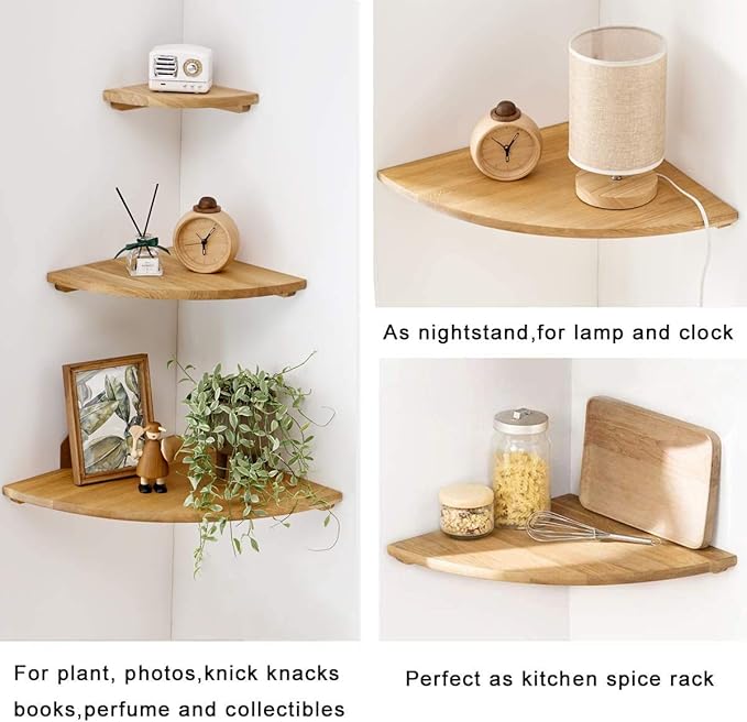 Corner Shelves Wall Mount, 10inch Oak Wood Floating Corner Shelves Set of 2 Round End Small Plant Shelf Wall Mount for Kitchen, Living Room, Bedroom…