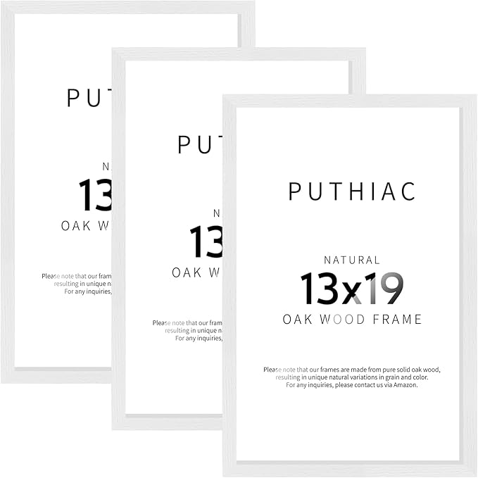 puthiac 13x19 Solid Oak Wood Picture Frame, Fits 11x17 with Mat or 13x19 Without Mat, Wall Display Only, Vertical or Horizontal, Plexi Front, 3 Pack, White