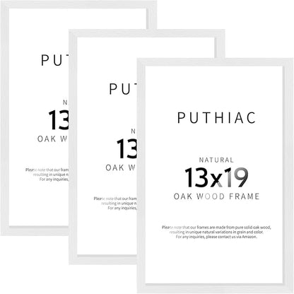 puthiac 13x19 Solid Oak Wood Picture Frame, Fits 11x17 with Mat or 13x19 Without Mat, Wall Display Only, Vertical or Horizontal, Plexi Front, 3 Pack, White