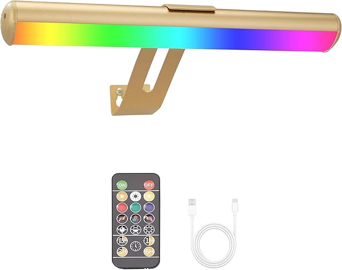 Picture Light Battery Operated, Remote Picture Lights for Wall, 48 LED, 16 Color Changing Light, Dartboard Light with 2 Base for Art-Gold