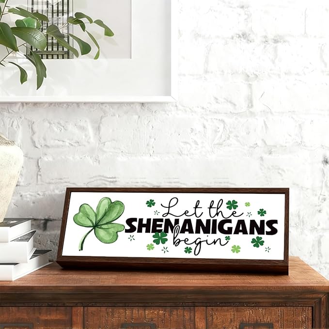 Funny St. Patrick's Day Decor, Funny St Patricks Day Decorations, Irish Holiday Decors, Home Decor for Desk Table Shelf, Let the Shenanigans Begin Sign, 9.5x3.1x1 inches