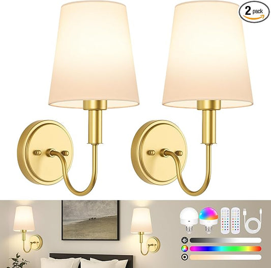 Wireless Rechargeable Wall Sconce, Battery Operated Wall Lights with Remote, Wall Lamps with Dimmable RGB LED Bulbs, No Wiring Gold Sconces Wall Decor Set of 2 for Bedroom Living Room Hallway