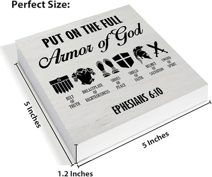 Put on the Full Armor of God Sign Christian Desk Decor Farmhouse Ephesians 6:10 Christian Wooden Sign Decorations for Home Office Desk Shelf Table 5 x 5 Inches, Religious Gifts for Women Men