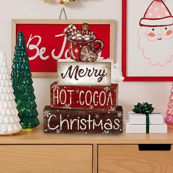 DIYDEC 4Pcs Christmas Wooden Tabletop Decoration Hot Cocoa Wooden Block Signs Gift Rustic Xmas Tiered Tray Decor Merry Christmas Centerpiece Sign Farmhouse Winter Table Home Party Decor