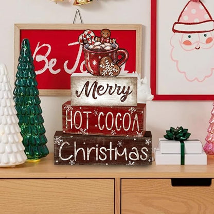 DIYDEC 4Pcs Christmas Wooden Tabletop Decoration Hot Cocoa Wooden Block Signs Gift Rustic Xmas Tiered Tray Decor Merry Christmas Centerpiece Sign Farmhouse Winter Table Home Party Decor
