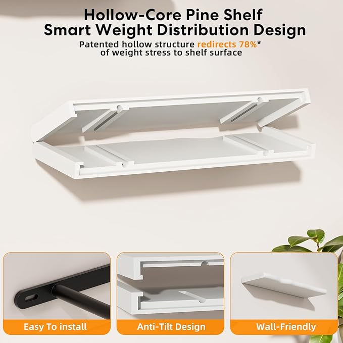 Floating Shelves for Wall Rustic Farmhouse 24 Inch Floating Shelf Bathroom Wooden Shelves for Wall Mounted Live Edge Pine Shelf with Unique Natural Grain for Living Room Bedroom Kitchen (White)