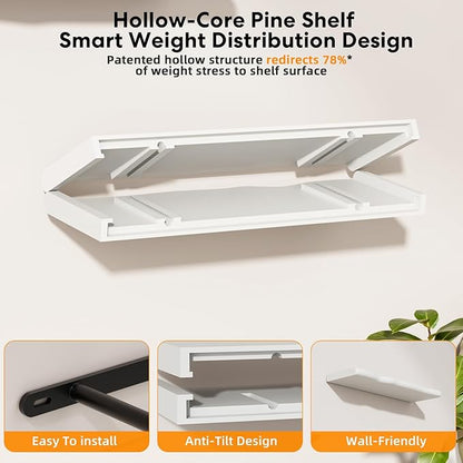 Floating Shelves for Wall Rustic Farmhouse 24 Inch Floating Shelf Bathroom Wooden Shelves for Wall Mounted Live Edge Pine Shelf with Unique Natural Grain for Living Room Bedroom Kitchen (White)