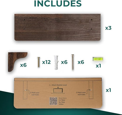 Real Wood Wall Mounted Shelving Rustic Wood Shelves with Brackets - 17 inch (3 Pack) - Easy to Install, Template and Video Included - Wide Brown Shelves for Wall