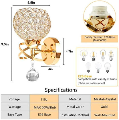Gold Wall Sconces Set of Two, Modern Crystal Wall Light with E26 Socket Hardwired Sconces Wall Lighting Bedside Wall Lamp Crystal Decor Wall Mount Light Fixture for Living room, Bedroom, Hallway