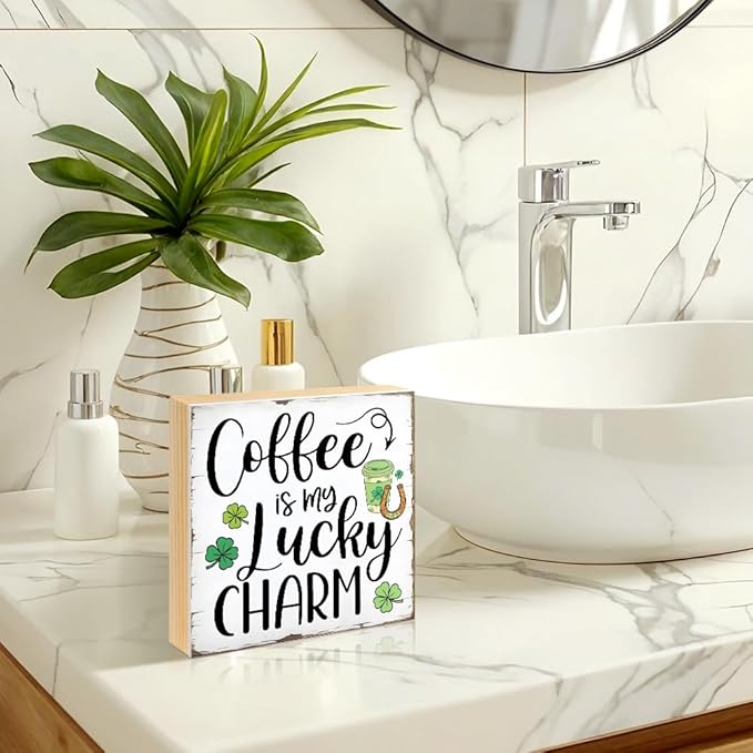 Coffee Is My Lucky Charm Wood Block Plaque Box Sign for Home Living Room Coffee House Bar Shelf Table Office Decoration, St. Patrick's Day Decor Gifts for Men Women Friend Family
