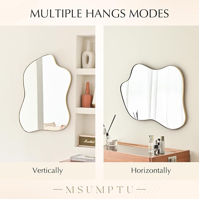 Irregular Wall Mirror Gold Wave Shaped Metal Framed Wall Mirror for Bathroom Bedroom Entryway Living Room Wall Decor 30.5