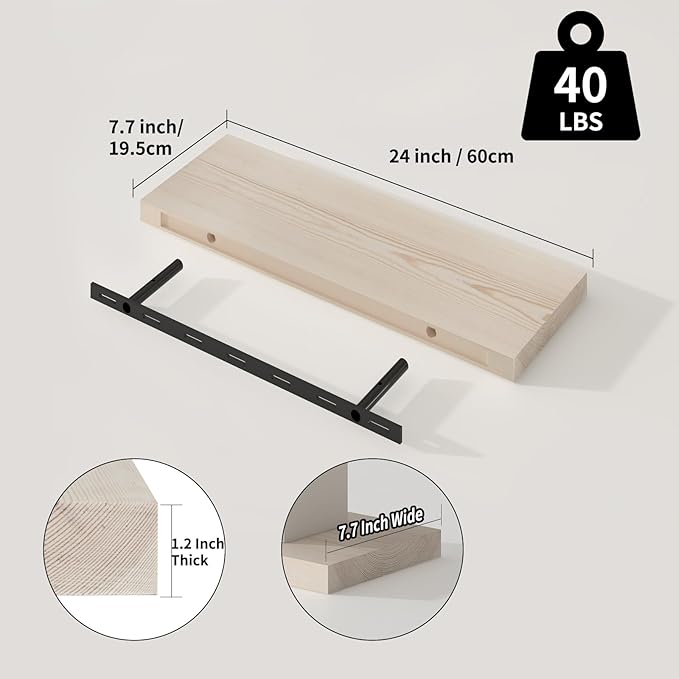 SAUMONIERES Floating Shelves 8 Inch Deep Solid Wood Wide Wall Shelf Set of 2 Wall Mounted for Bedroom Bathroom Living Room Kitchen, 24 Inch Natural