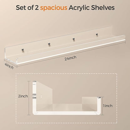 24 Inches Clear Acrylic Floating Shelves Wall, Bookshelf for Kids, Nursery Book Shelves, Magazine Rack, Picture Ledge Shelf for Photo Frames Vinyl Records, Pack of 3