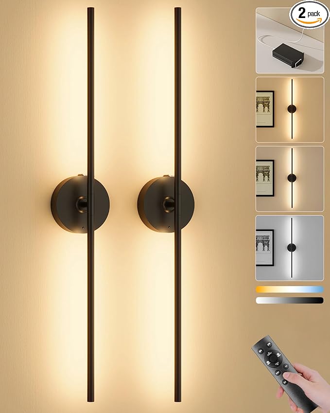 Ouyulong Battery Operated Wall Sconces Set of 2, 8000mAh Wireless Rechargeable 3000-6000K Dimmable 350° Rotate Wall Light with Remote for Living Room, Bedroom 31.6in Black