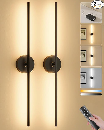 Ouyulong Battery Operated Wall Sconces Set of 2, 8000mAh Wireless Rechargeable 3000-6000K Dimmable 350° Rotate Wall Light with Remote for Living Room, Bedroom 31.6in Black
