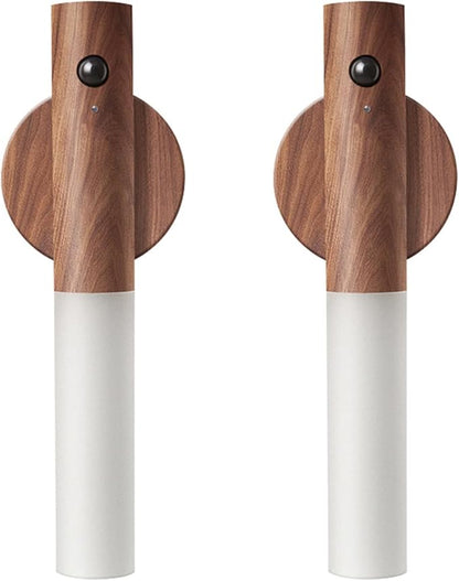 LANDGOO Wooden Motion Sensor Lights Indoor, Magnet Body Hallway Rechargeable LED Wireless Battery Operated Wall Sconce, Portable Decor Torch Night Lighting for Bedroom (Walnut Wood 2PCS)