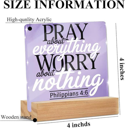 Purple Desk Decor For Bedroom Lavender Room & Office Desk Decor Pray About Everything Worry About Nothing Sign Prayer Room Sign Gifts for Women Acrylic Plaques With Wooden Stand Tabletop Decorations